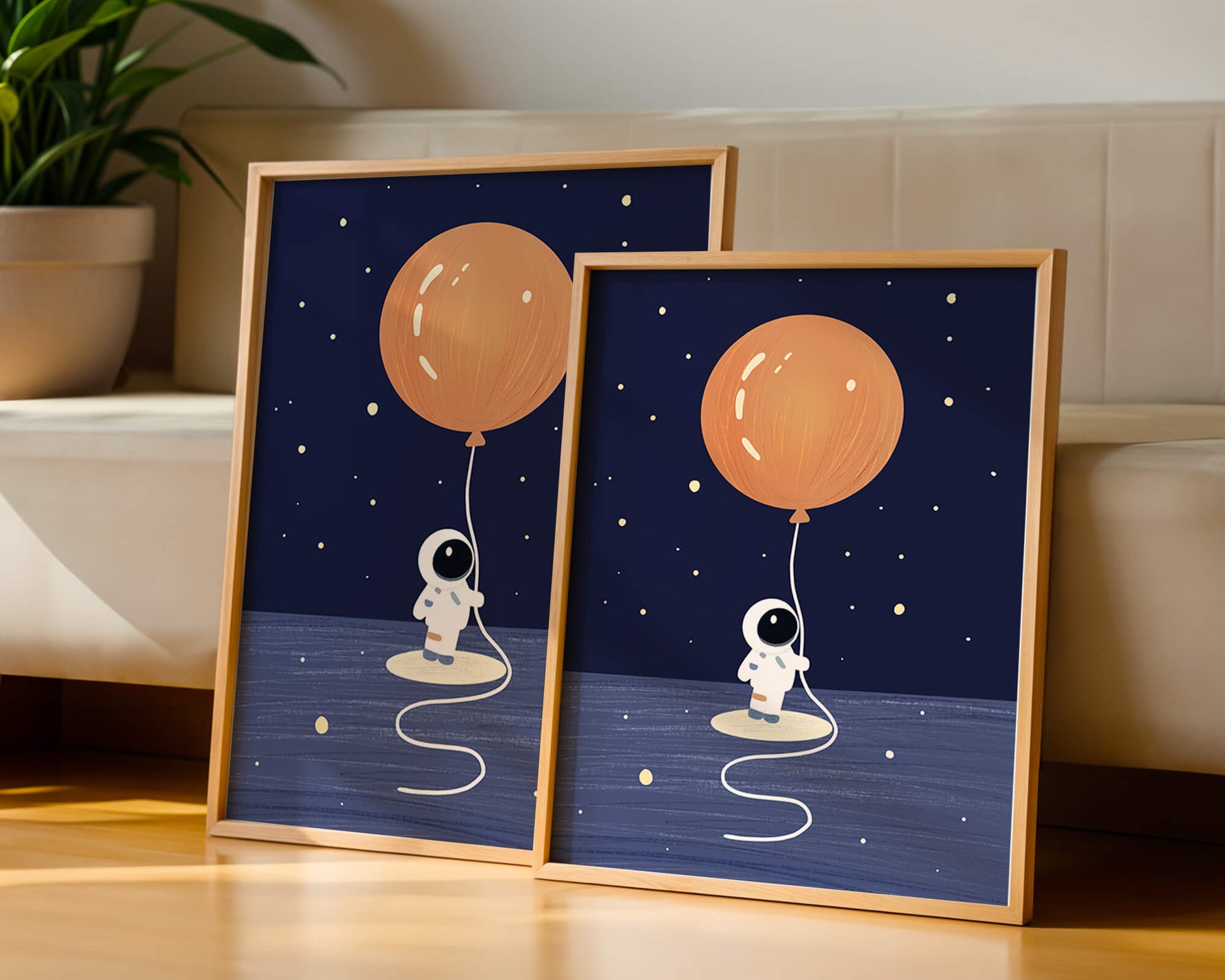 Charming Astronaut Holding Large Orange Balloon Under Starry Sky