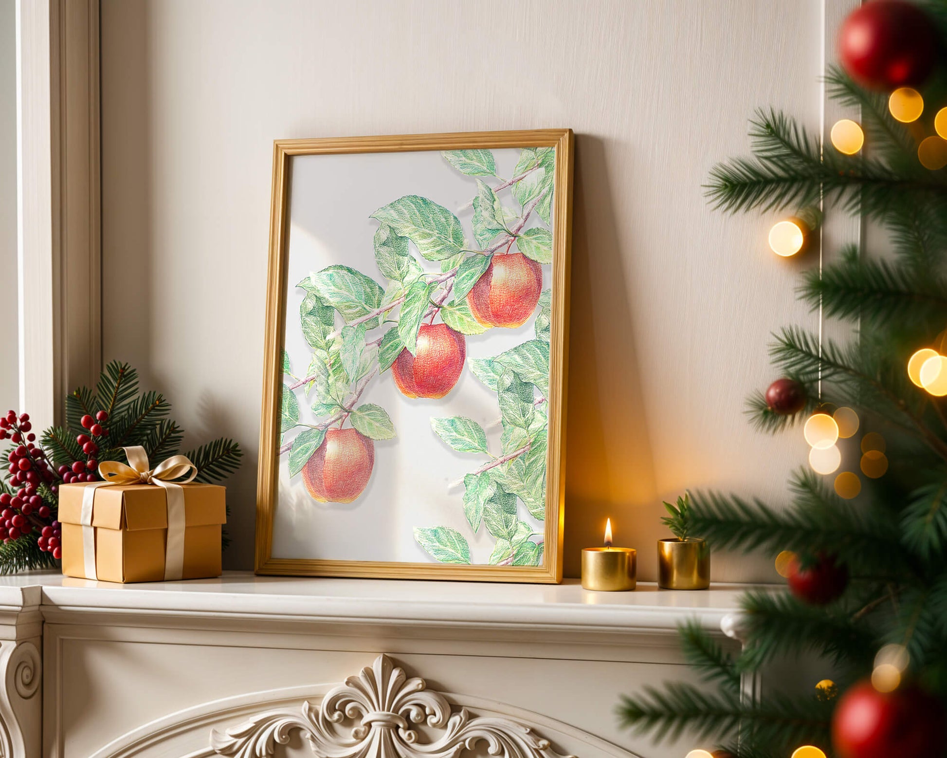 Illustration of Apples on a Tree Branch with Green Leaves