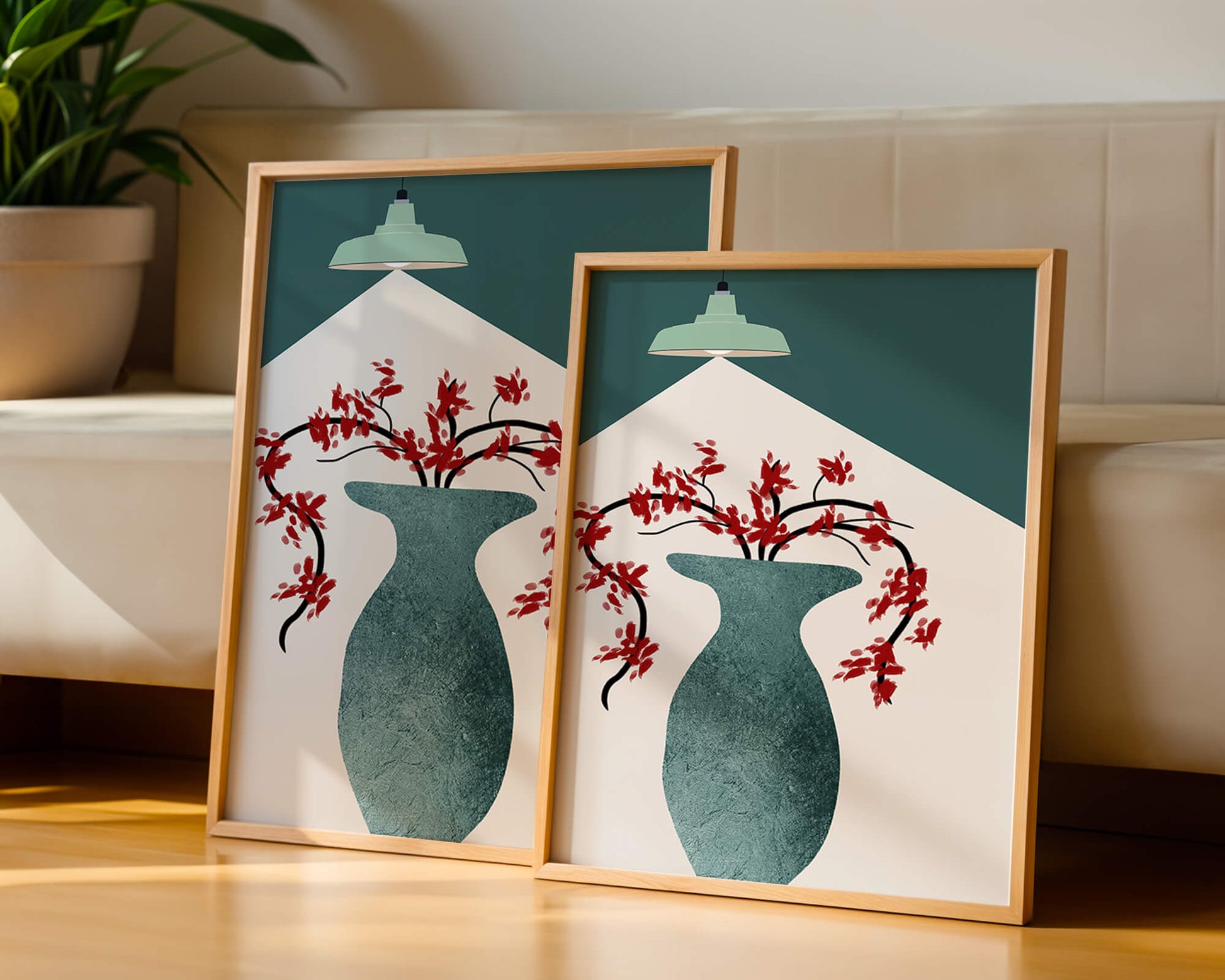 Modern Minimalist Vase with Red Flowers Under Green Lamp
