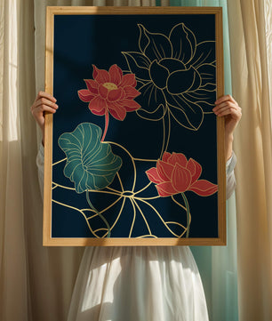 Vibrant Lotus Flowers on Dark Background with Gold Outline