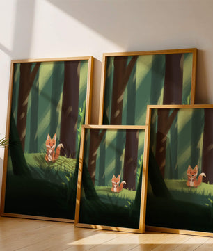 Charmante Illustration eines niedlichen Fuchses in einer ruhigen Waldlandschaft