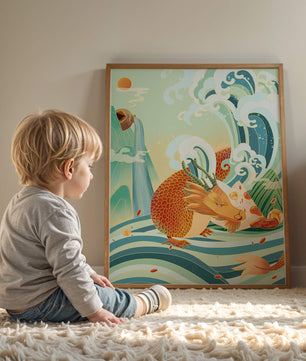 Dragon mythique au milieu de vagues stylisées et de montagnes aux couleurs vives