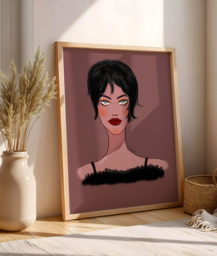 Illustration einer Frau mit kurzen schwarzen Haaren und auffälligem Make-up auf braunem Hintergrund