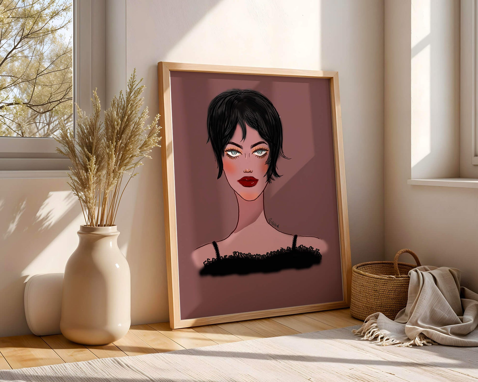 Illustration of a woman with short black hair and striking makeup on a brown background