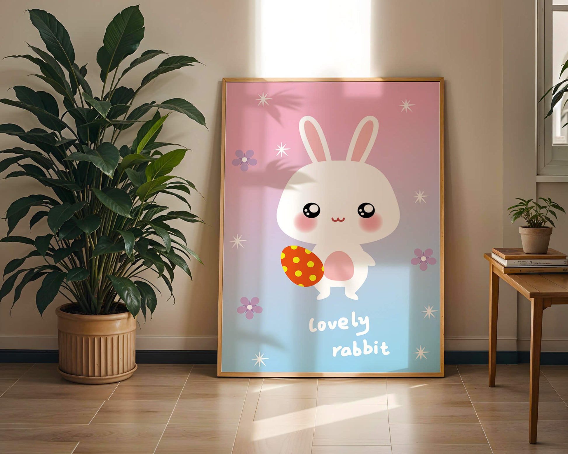 Adorable rabbit illustration with a colorful egg on a pastel background