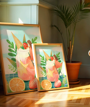 Bezaubernde Sommergetränk-Illustration mit Früchten, Blättern und einem Kind