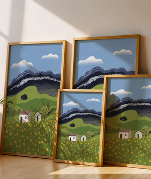 Sunny Landscape with Green Fields and Mountains