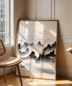 Peaceful mountain landscape with mist and rising sun