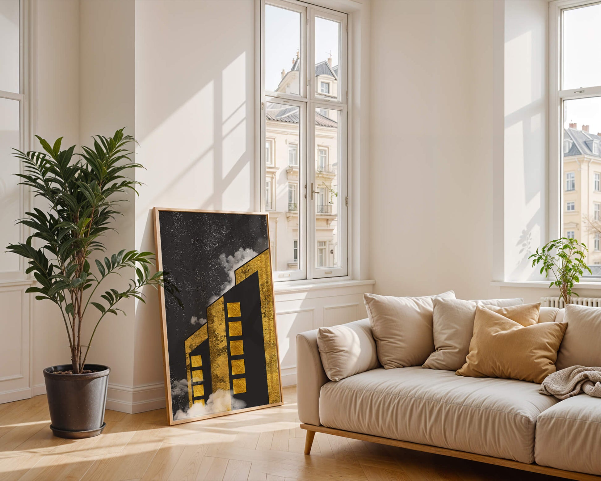 Artistic architectural illustration with golden elements and night sky