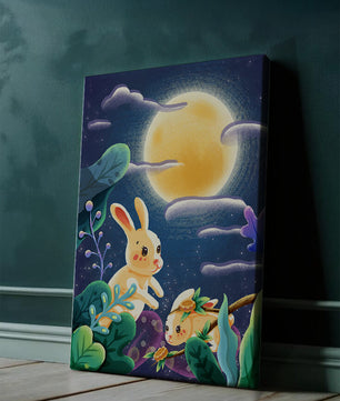 Charming illustration of rabbits under a full moon in a vibrant night garden