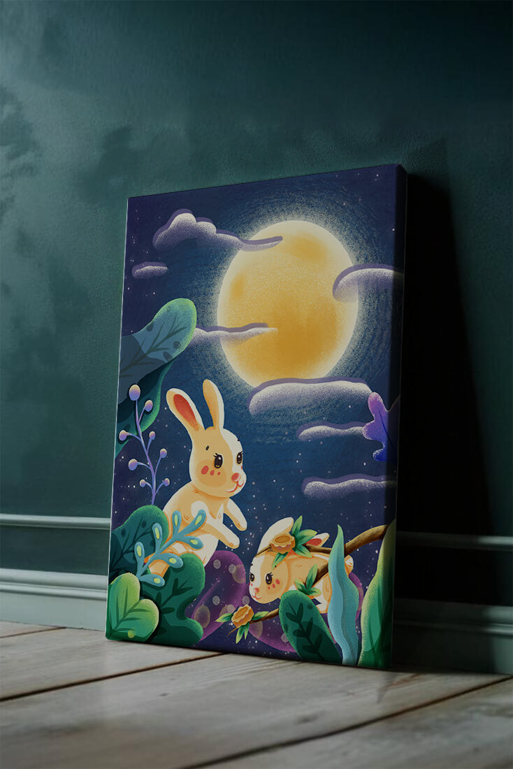 Charming illustration of rabbits under a full moon in a vibrant night garden
