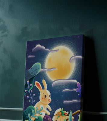 Charming illustration of rabbits under a full moon in a vibrant night garden