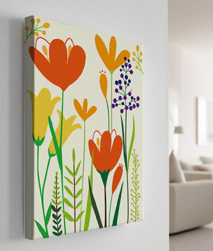 Bright Floral Illustration with Orange, Yellow, and Purple Flowers in Bold Colors