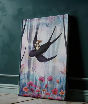 Zauberwald mit Mädchen, das auf einem Vogel zwischen leuchtenden Blumen reitet