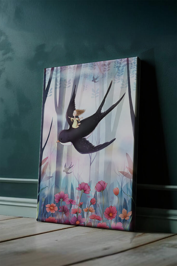Enchanted forest with girl riding bird among vibrant flowers