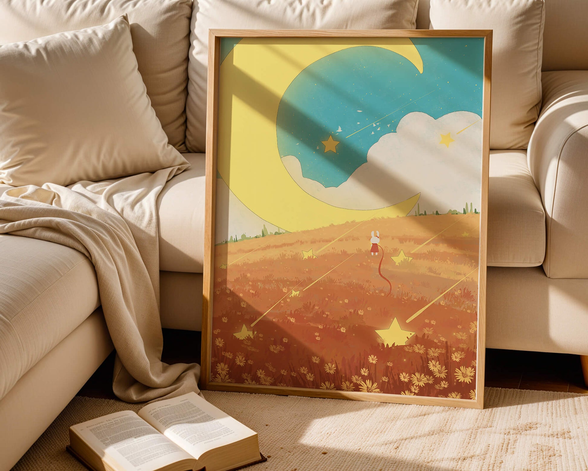 Dreamy Nighttime Landscape with Moon and Stars in a Field