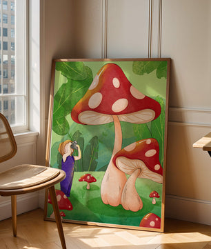 Playful illustration of a child with oversized mushrooms in a whimsical forest setting