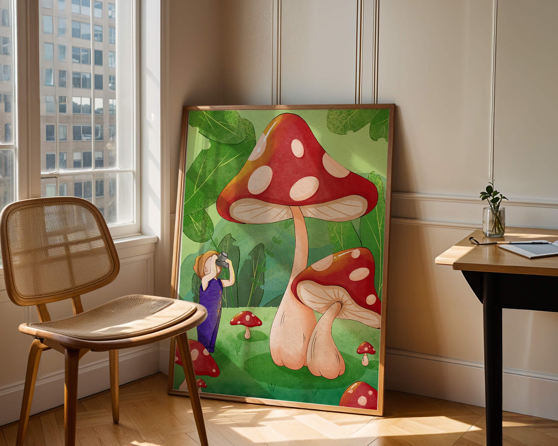 Playful illustration of a child with oversized mushrooms in a whimsical forest setting