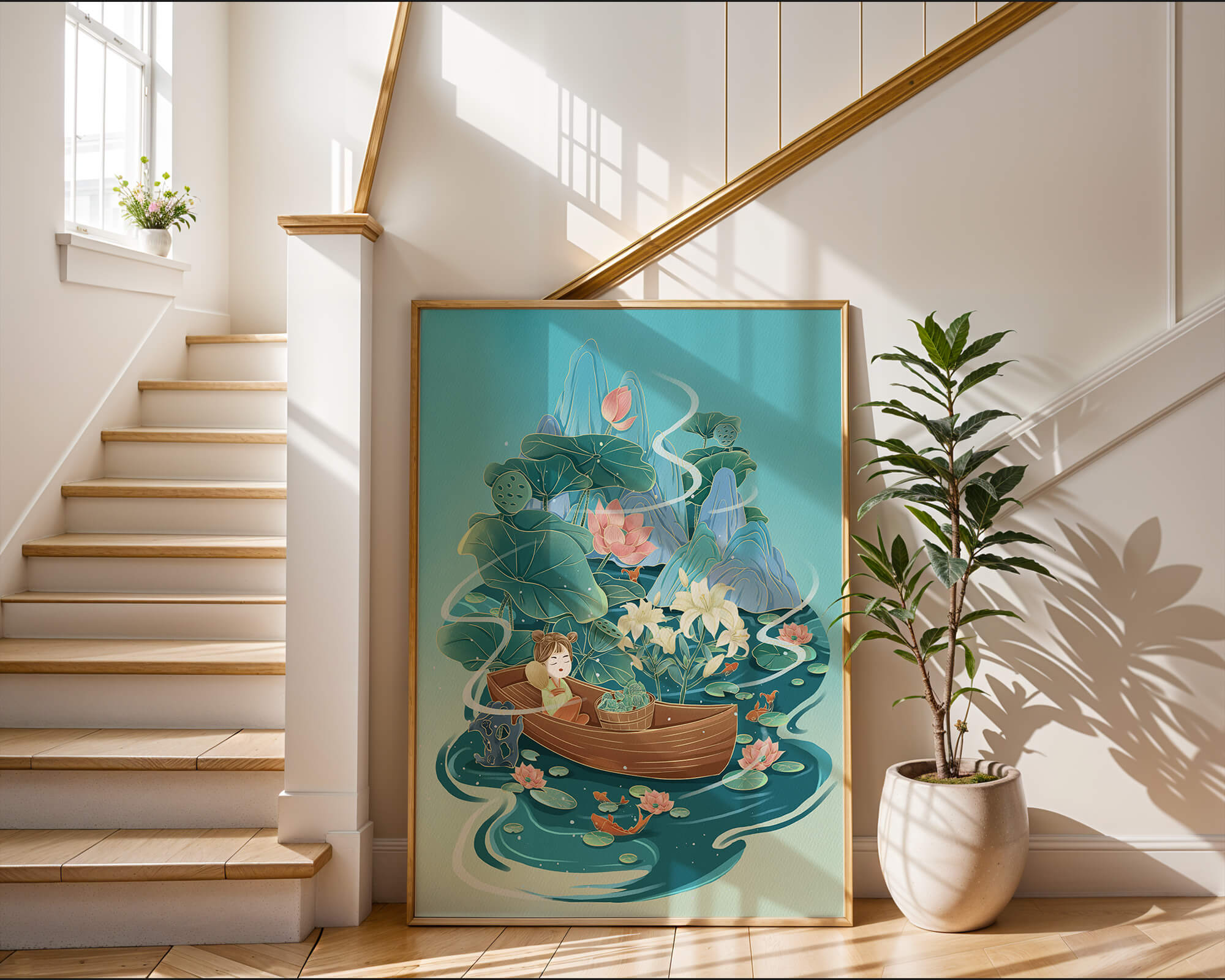 Serene landscape with lotus and boat in a tranquil water scene