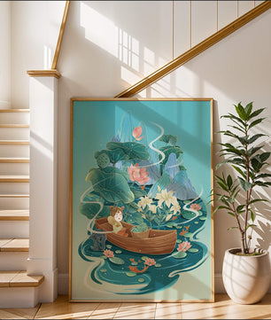 Heitere Landschaft mit Lotus und Boot in einer ruhigen Wasserszene