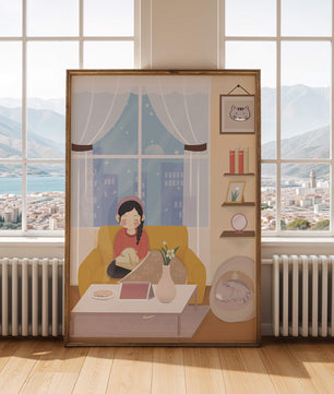 Cozy living room with a girl and a dog on a yellow sofa