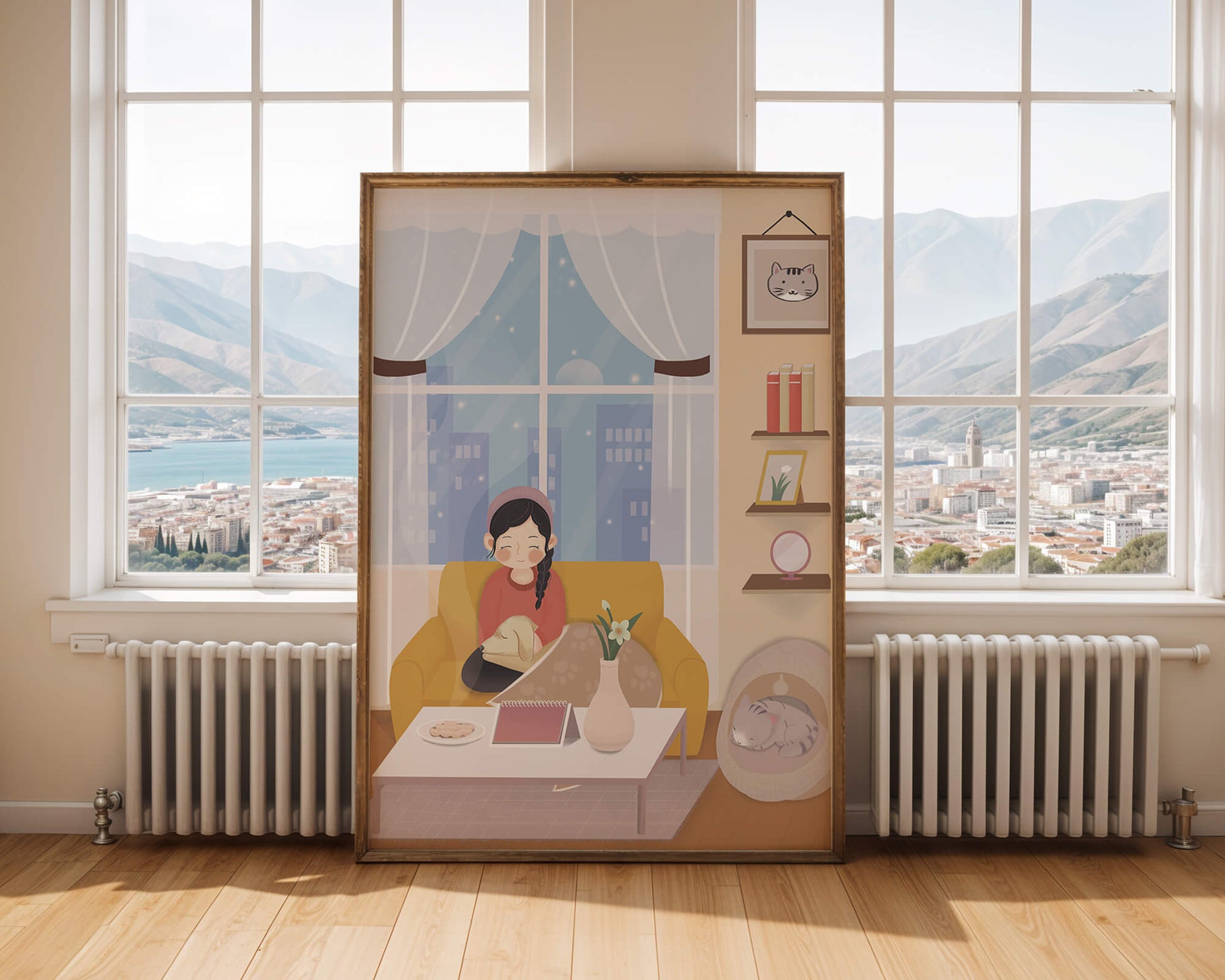 Cozy living room with a girl and a dog on a yellow sofa