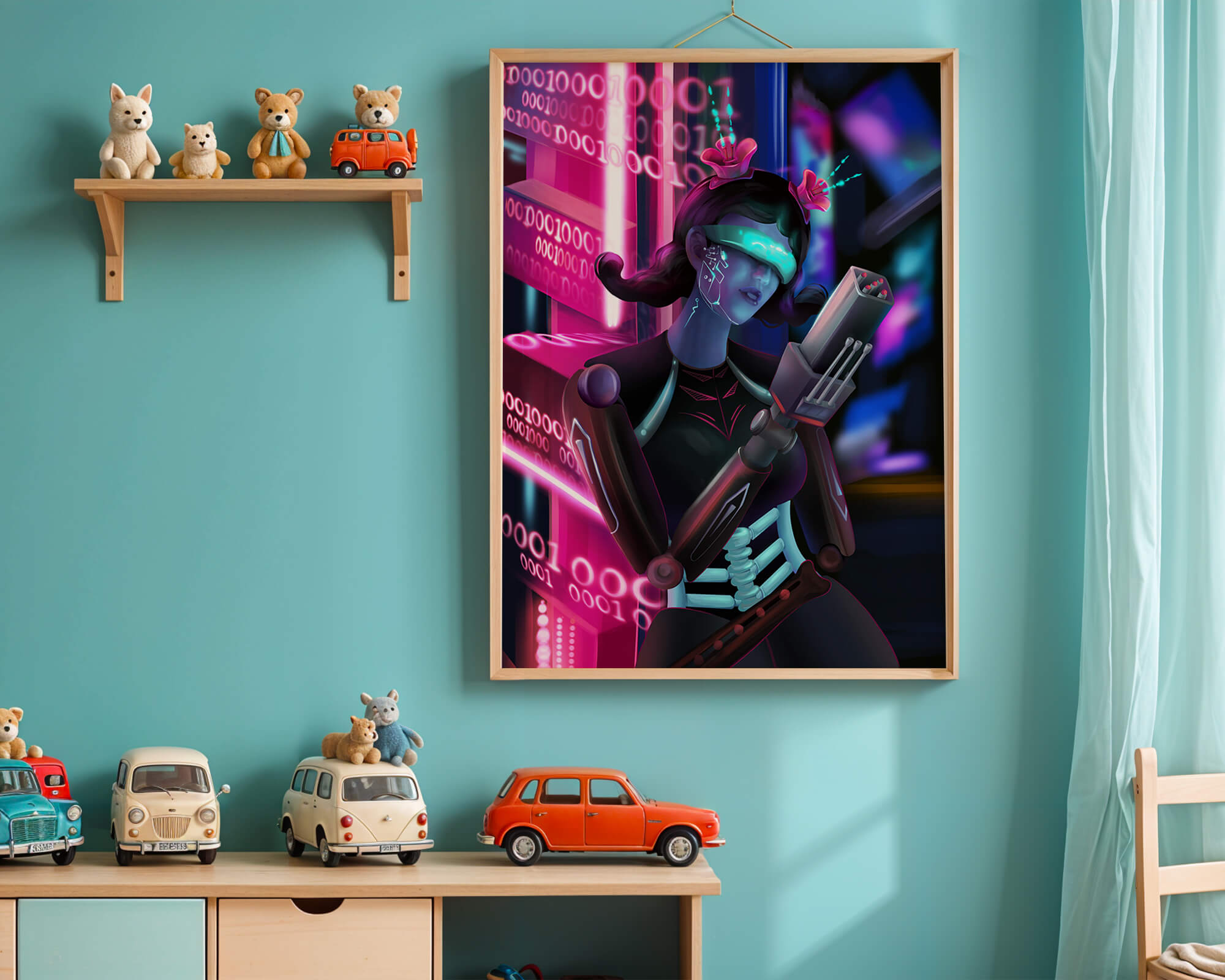 Futuristic Cyborg Woman in Digital Neon Landscape - Mi tienda