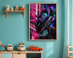 Futuristic Cyborg Woman in Digital Neon Landscape - Mi tienda