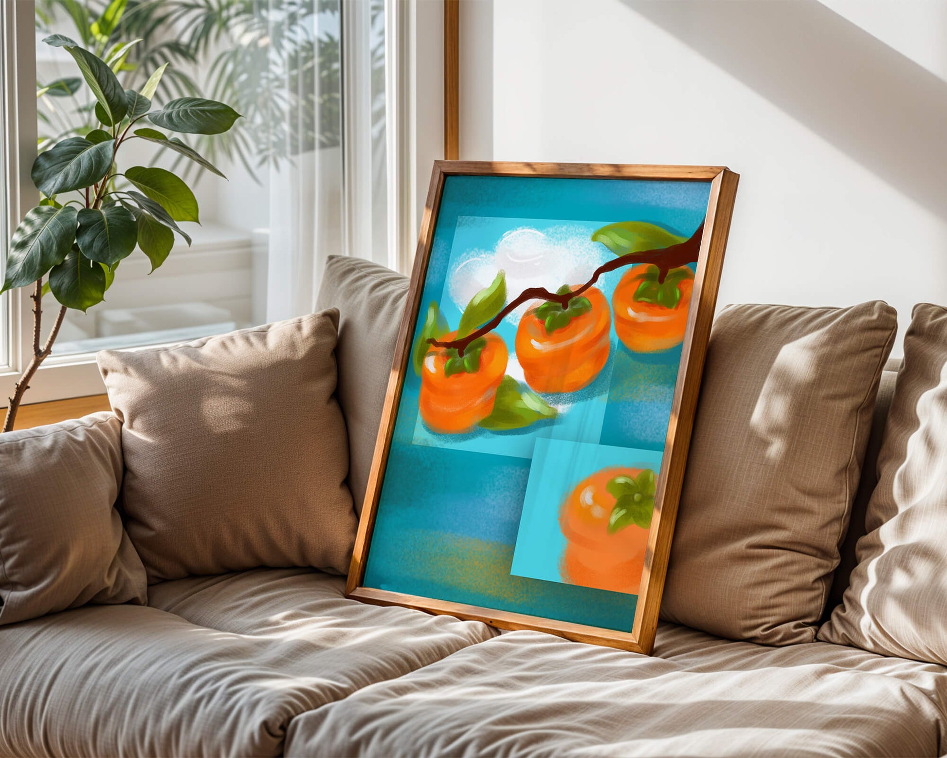 Vibrant persimmons on a branch with a blue background