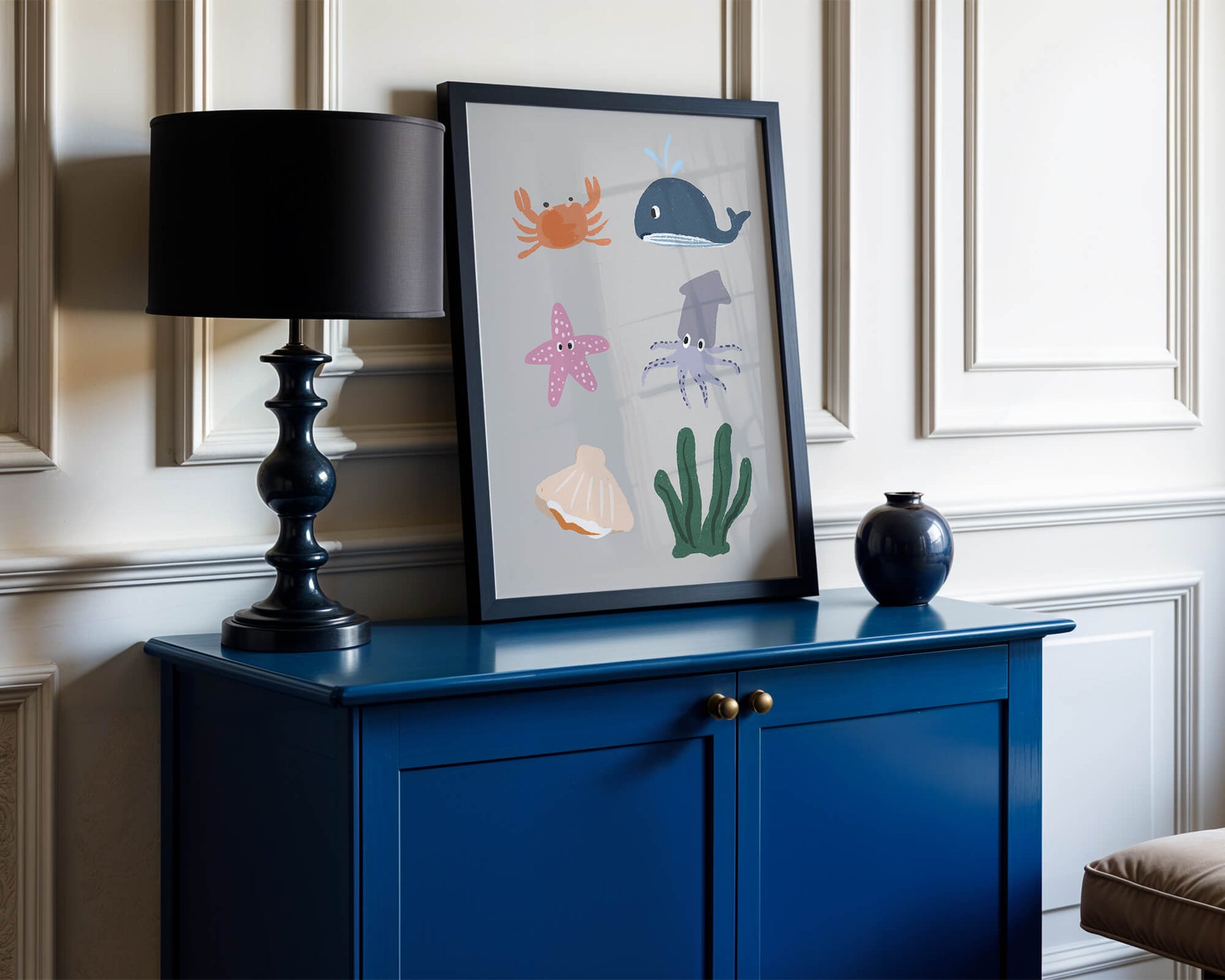 Illustration of whimsical sea creatures and marine elements on a grey background