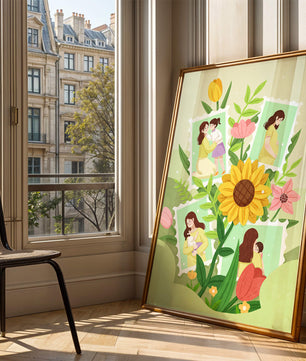 Ilustración de momentos familiares con fondo floral vibrante