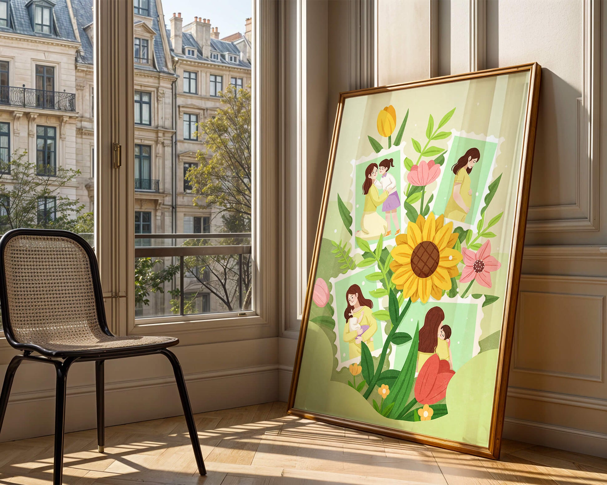 Ilustración de momentos familiares con fondo floral vibrante