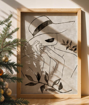 Abstract Woman in Hat with Minimalist Leaf Design