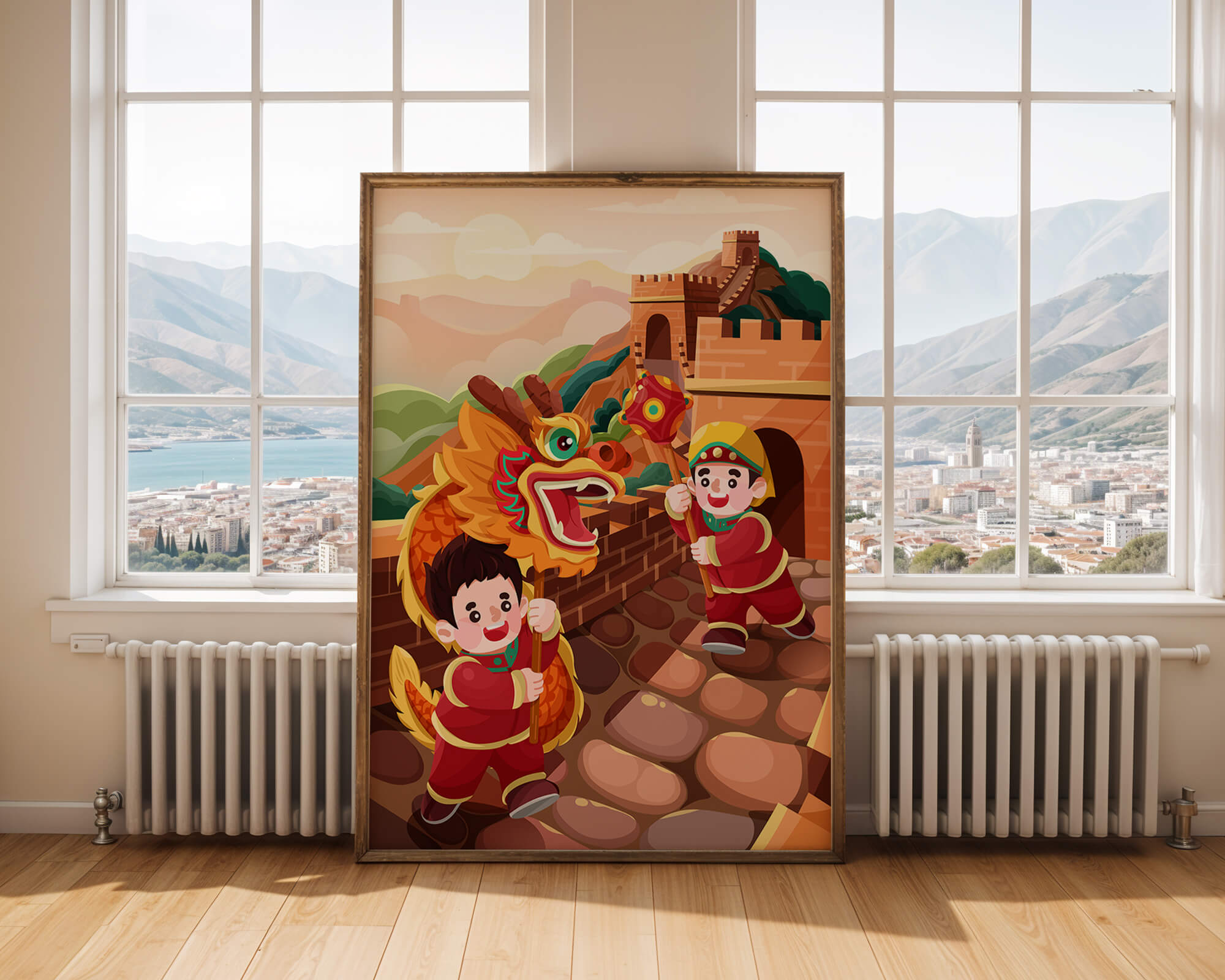 Children celebrating with dragon dance at the Great Wall