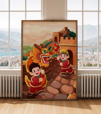 Children celebrating with dragon dance at the Great Wall
