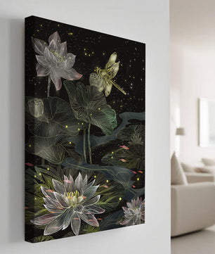 Lotus Flowers and Dragonfly in Nighttime Pond