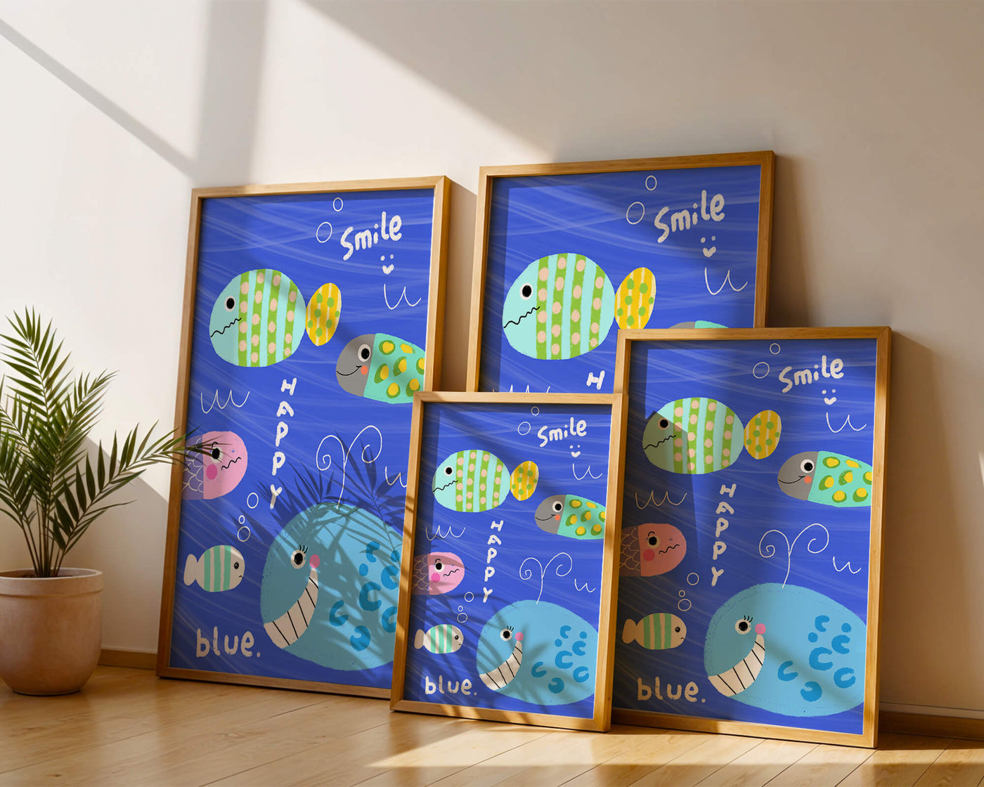Colorful underwater scene with smiling cartoon fish