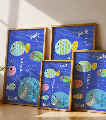 Colorful underwater scene with smiling cartoon fish