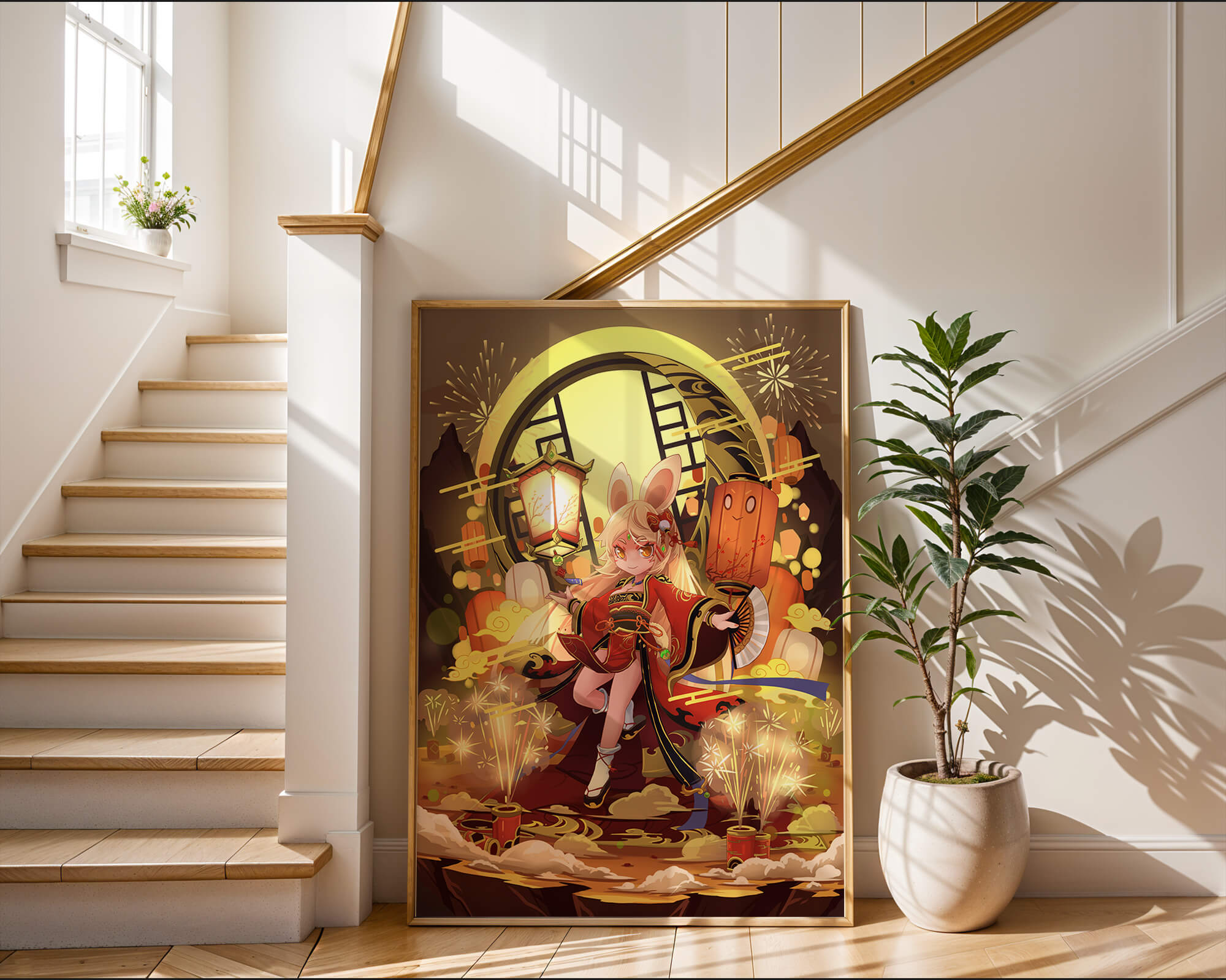 Festive celebration with a lantern-carrying character amidst fireworks and moonlight