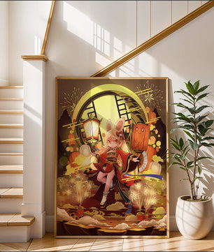 Festive celebration with a lantern-carrying character amidst fireworks and moonlight
