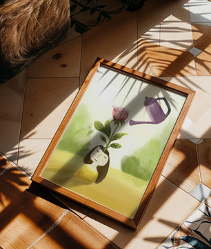 Ilustración de una chica con una flor creciendo de su cabeza siendo regada