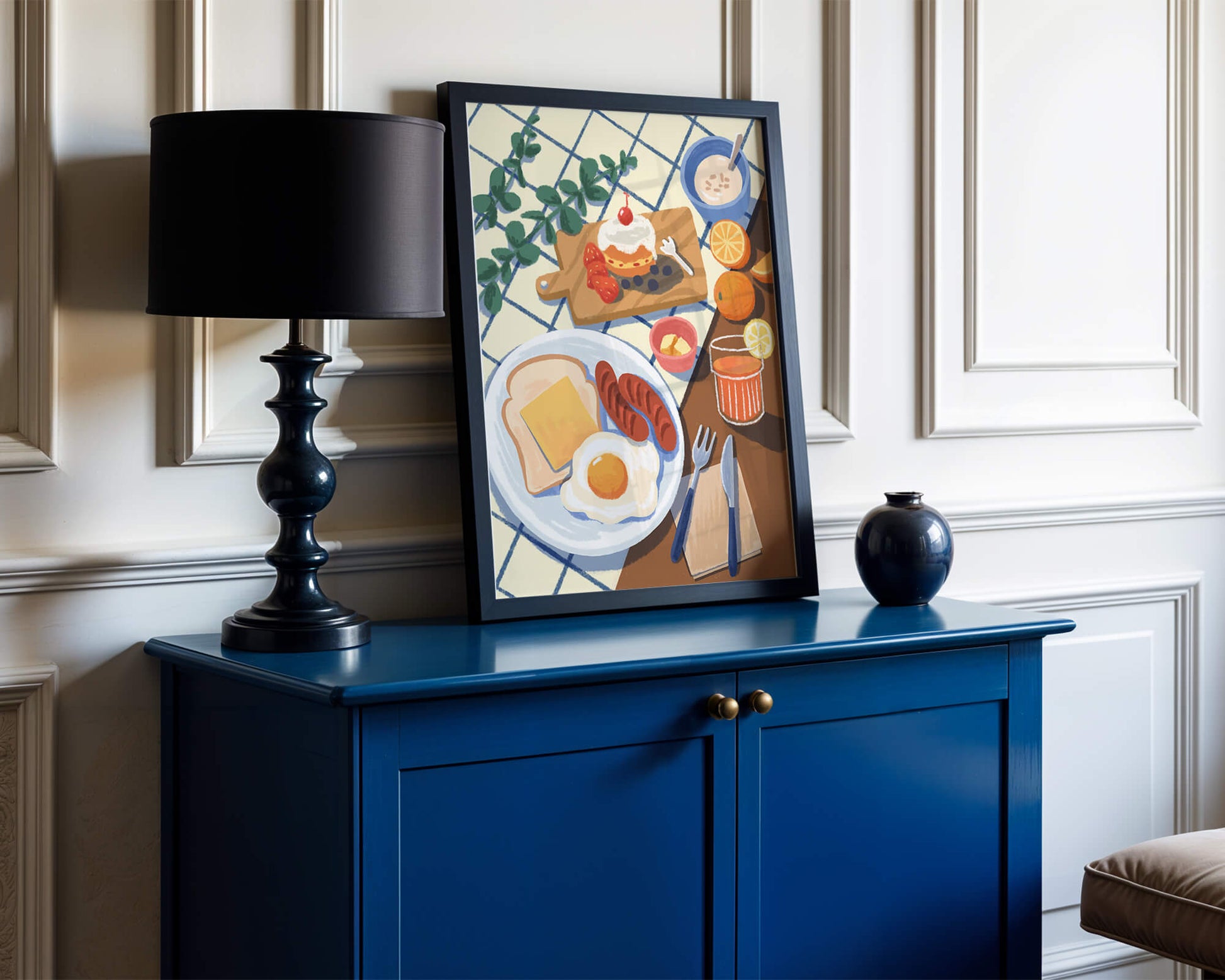 Escena de desayuno colorida con comida y bebida