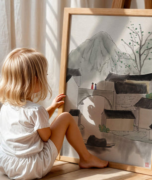 Serene mountain village ink painting with bridge and boat