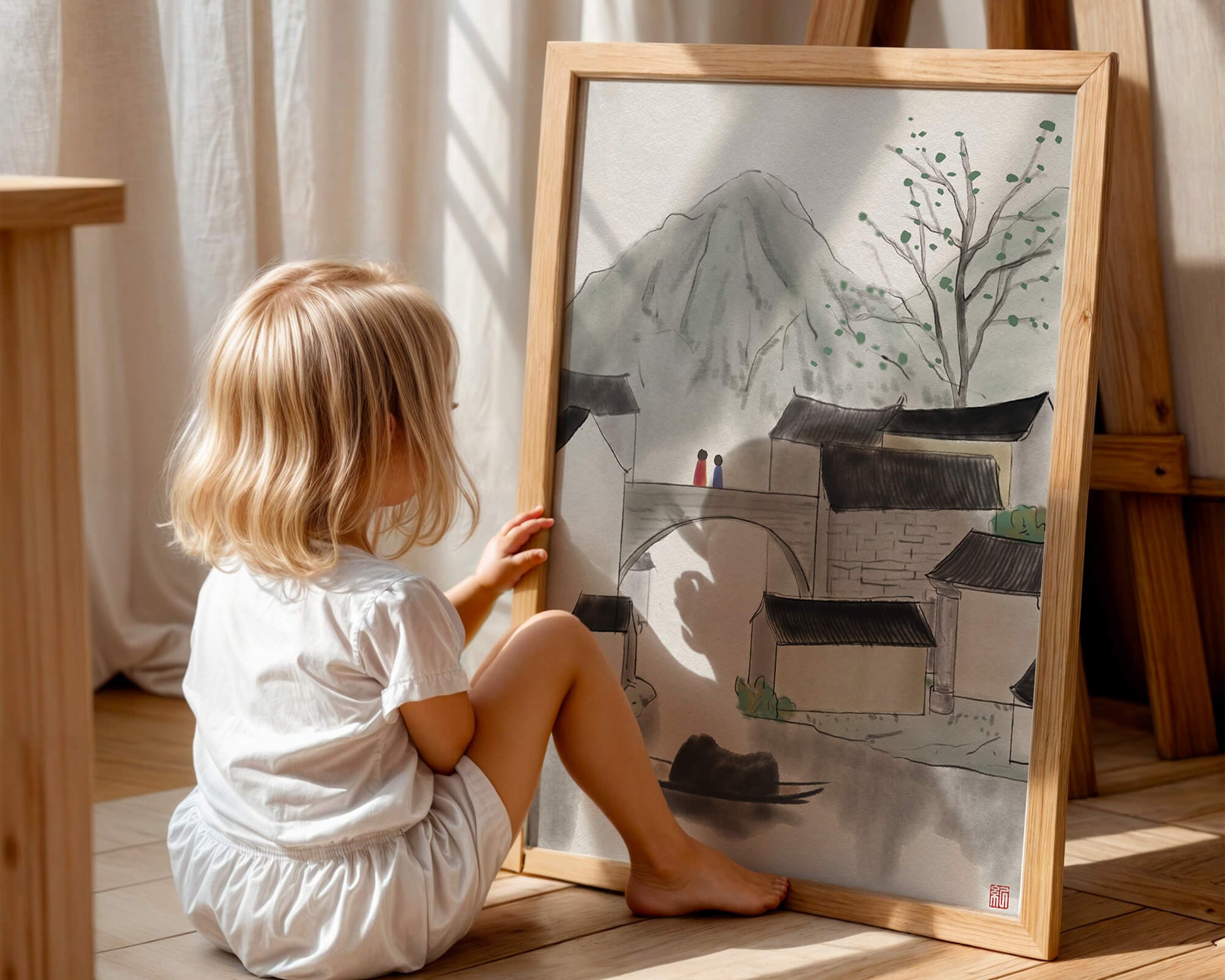 Pintura de tinta de un tranquilo pueblo montañoso con puente y barco