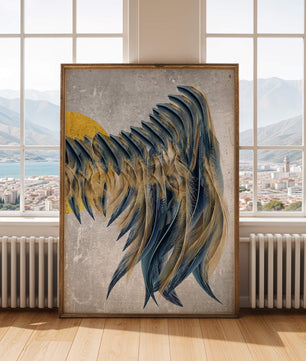 Abstract Composition with Blue and Gold Accents on Textured Background