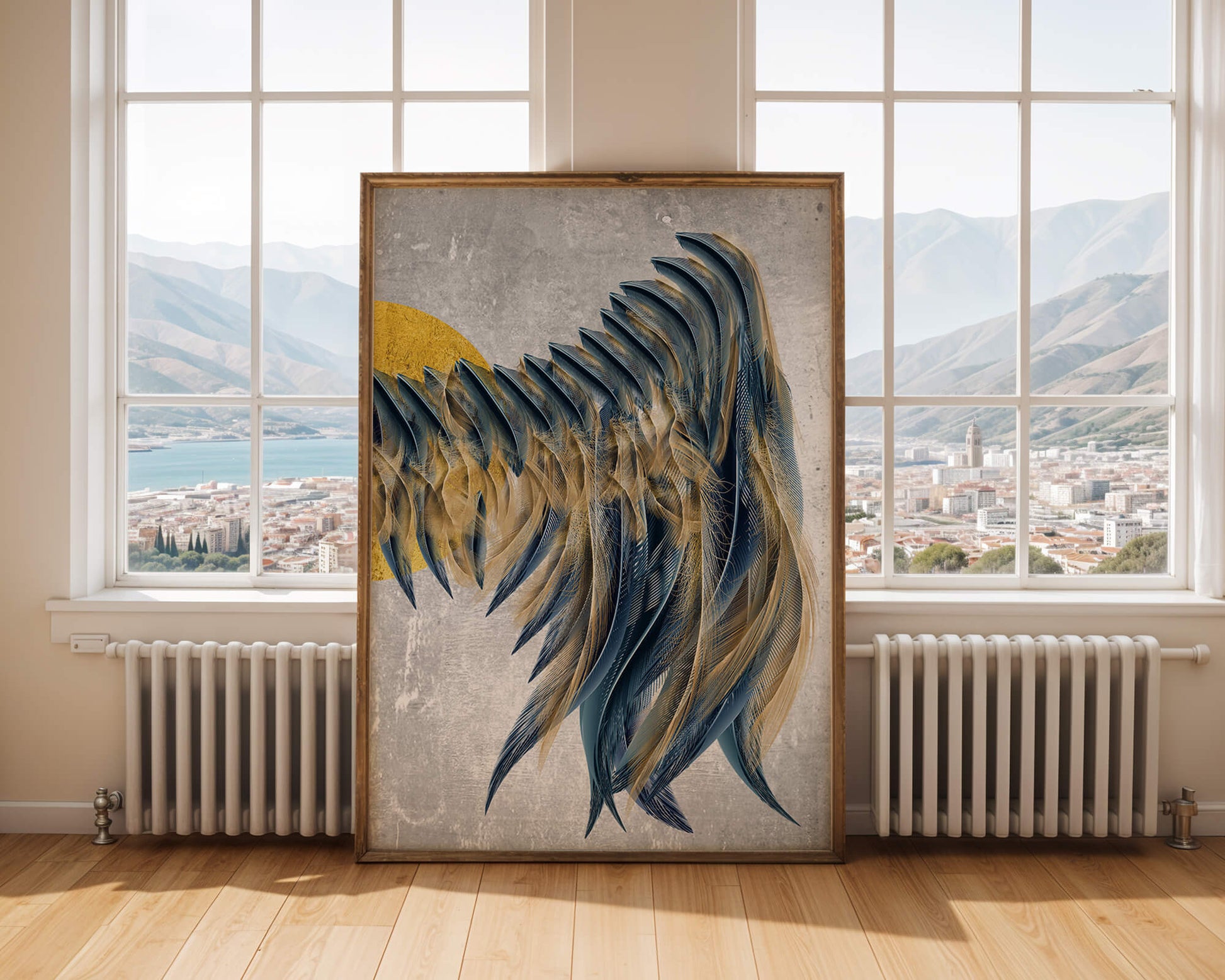 Composición abstracta con acentos azules y dorados sobre fondo texturizado