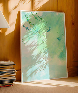 Serene Spring Scene with Birds and Leaves on a Light Blue Background
