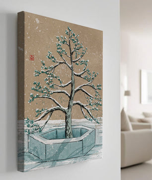Paisaje invernal con ilustración de árbol bonsái cubierto de nieve