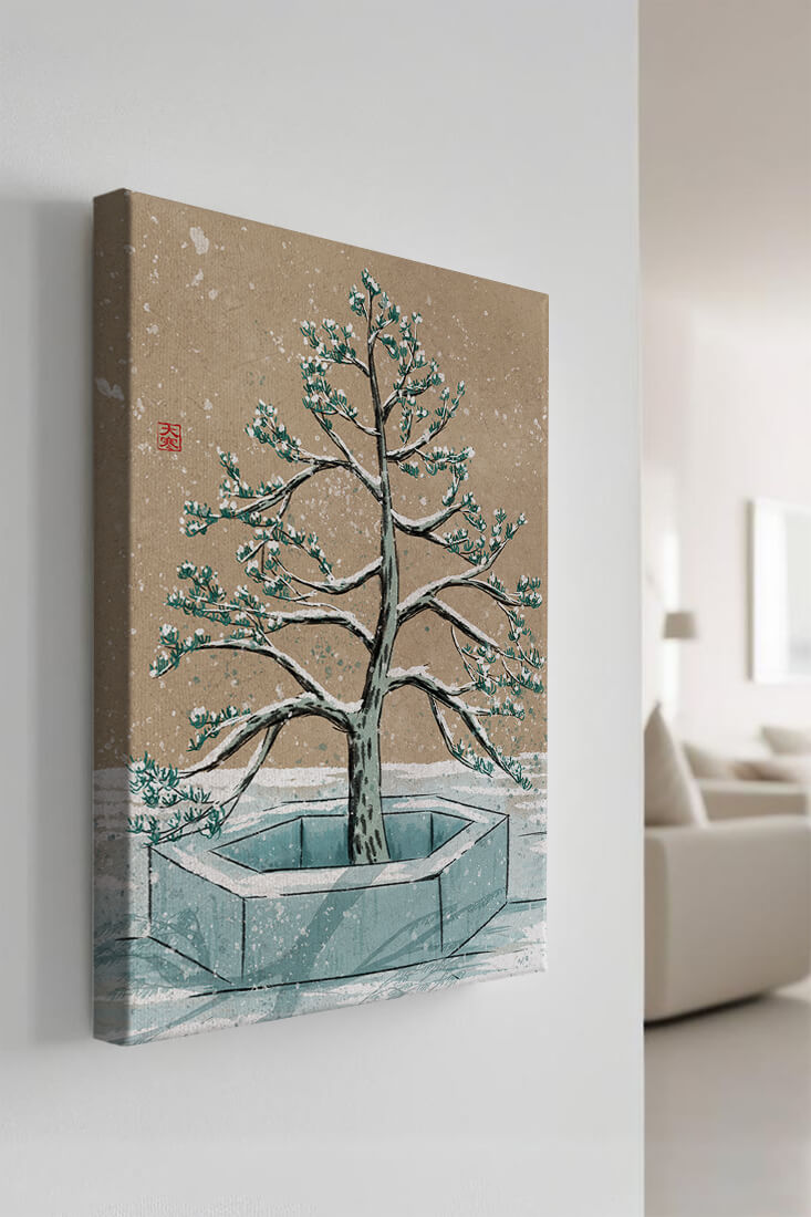 Paisaje invernal con ilustración de árbol bonsái cubierto de nieve