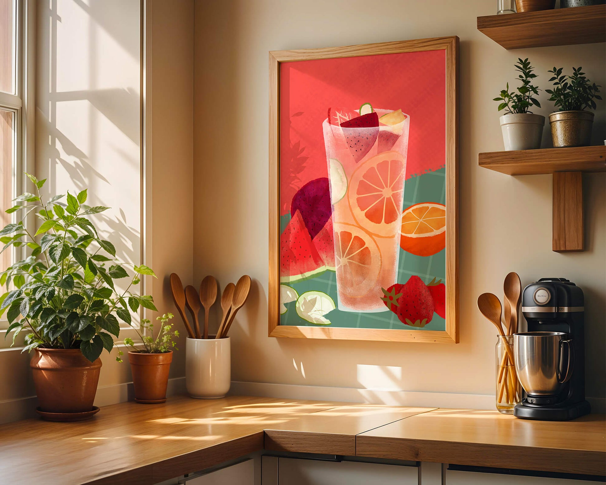 Ilustración de cóctel de frutas refrescante con cítricos y sandía.